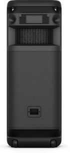 Przenośny głośnik bluetooth Sony ULT TOWER 10, widok z przodu, czarna kratka, prostokątny kształt, zaokrąglone rogi, kółka