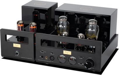 Cayin HA-300 MK3 high-fidelity hovedtelefonforforstærker i sort med rør, to kabinetter og VU-metre på fronten