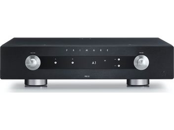 Primare PR35 black stereo preamplifier, front view, 2 silver rotary knobs, digital display, selector, volume
