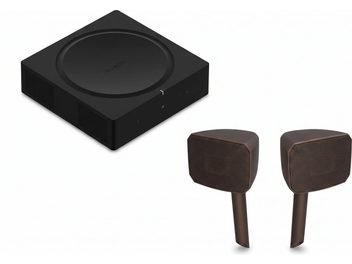 Siyah Sonos amplifikatörü ve kazık üzerinde bir çift kahverengi bahçe hoparlörü, perspektif görünüm