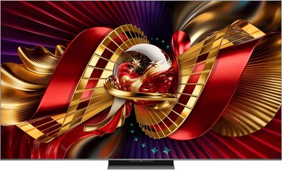 Plochý televizor TCL 75C8L s tenkými rámečky, pohled zepředu, abstraktní červený, zlatý a fialový motiv na obrazovce