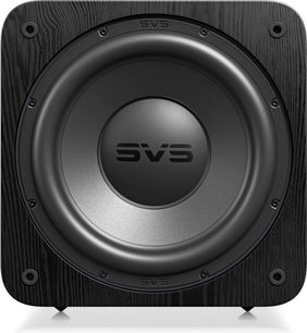 Subwoofer SVS SB‑3000 R|Evolution preto, vista frontal, caixa em madeira preta com veios aparentes e grande alto-falante circular