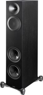 Diffusore da pavimento Paradigm Premier 720F v2 nero visto di tre quarti con quattro altoparlanti frontali e piedini disaccoppiati