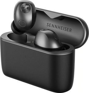 Auricolari wireless Sennheiser Momentum True Wireless 5 neri con custodia di ricarica aperta