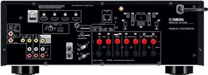 Yamaha RX-V583 sort hjemmebiografsforstærker, frontpanel, frontvisning, tilslutninger og kontroller, 7 kanaler, 7x160W