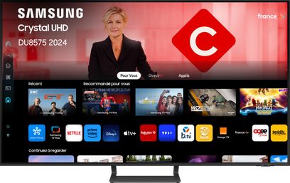 Televizor s vysokým rozlišením TU43DU8575 2024, obrazovka zobrazující uživatelské rozhraní s aplikacemi a doporučeními