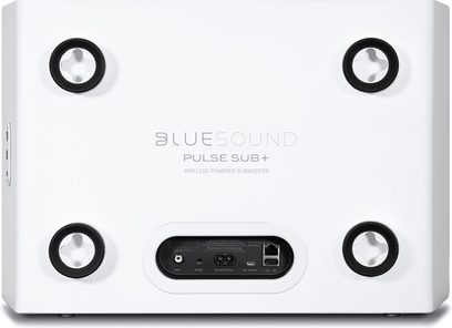 BlueSound PULSE SUB+ matte white subwoofer, front view, 4 circular speakers, connections and display on the front