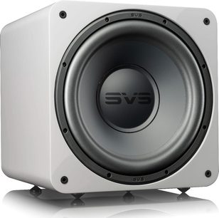 SVS SB-1000 PRO vit lackerad basreflexlåda, närbild framifrån, svart högtalare i mitten, 6 fästskruvar