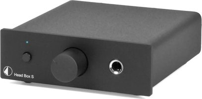Pro-Ject Head Box S sort hovedtelefonforstærker, mat sort rektangulært kabinet, set forfra, drejeknap og jackstik til venstre