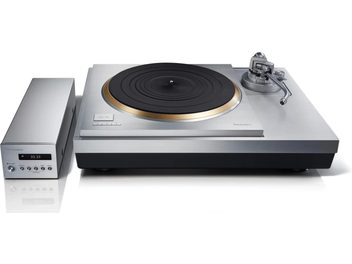 Hi-fi Technics SL-1000R pladespiller med sort og gyldent cirkulært pladetallerken, sølvfarvet tonearm, sølvfarvet rektangulær kontrolenhed med digitalt display 33.33