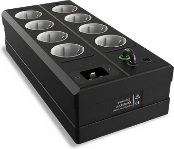 Czarna listwa zasilająca EAT Essential Audio Tools MM8+ z 8 gniazdami i zielonym przełącznikiem, widok z góry pod niewielkim kątem