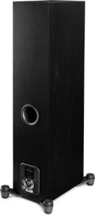 Diffusore da pavimento Paradigm Premier 720F v2 nero, vista posteriore a tre quarti con condotto circolare e morsetti visibili
