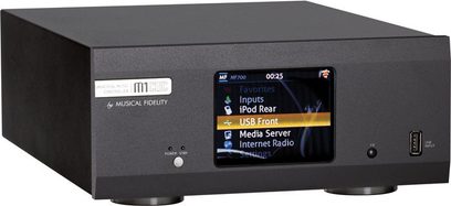 Musical Fidelity M1-CLIC sort netværksaudioafspiller, frontvisning, farvedisplay der viser en menu, mat sort front
