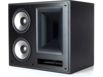 THX-6000-LCR (R) schwarze Heimkino-Lautsprecher, Dreiviertelansicht, 2 silberne runde Lautsprecher, rechteckiges zentrales Horn