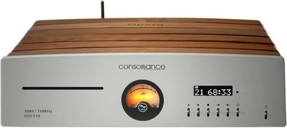 Consonance CDS 8 ceviz renkli CD çalar, ön panelde turuncu dijital ekran, düğmeler ve CD yuvası, açık renk ahşap kasa