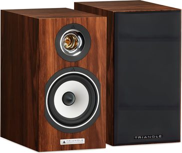 Pair of Triangle Titus EZ series bookshelf speakers in teak, brown teak wood cabinet, one speaker without grille revealing a gold tweeter and white woofer with black trim, the other with a black acoustic grille, three-quarter front view