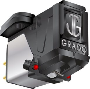Cellule platine vinyles Grado Red 3 noire, vue de face en gros plan, avec bras et pointe de lecture rouges