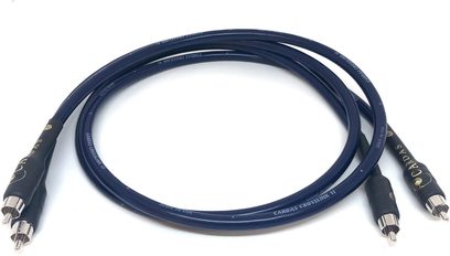 Cardas Crosslink 1m analog audio cable, top view, smooth navy blue PVC sheath, two pairs of silver metal RCA plugs with black bodies and gold lettering