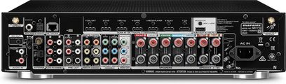Marantz NR1710 sort hjemmebiografsforstærker, bagside, analog og digital lyd/video-tilslutning, antenne, højttalerstik