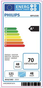 Europæisk energimærke for en Philips 48PFx5500 TV, klasse A+, 121 cm, 48 tommer, 70 kWh/år, fra 2010 til 2014