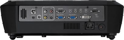 Optoma EP1080 sort videoprojektor, bagside, varieret audio-video-tilslutning, VGA-, DVI-, HDMI-, RS232-porte, kontrolpanel