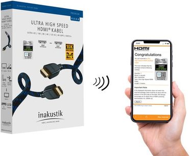 Kabel HDMI Inakustik Premium II 48G 3m, modrá krabice, ruka držící smartphone s nápisem "Congratulations" a medaile