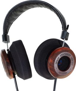 Åben hi-fi hovedtelefon Grado GS3000e i træ, sort læderhovedstykke, sorte ørepuder, forsølvede transducere, set forfra