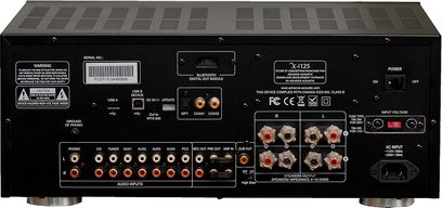 Hi-fi stereo zesilovač Advance Paris X-i125 černý, pohled zepředu, konektory a ovládací prvky na čelním panelu a na horní straně