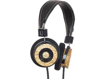 Căști hifi deschise Grado Hemp, vedere laterală, bandă neagră cu cusături albe, cupe circulare din lemn texturat