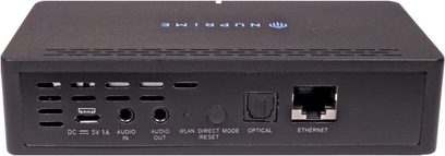 Nuprime WR100 sort netværksaudioafspiller, set forfra, med audio- og netværksforbindelser på bagsiden