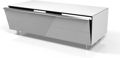 Lavt, gråmetallic blankt TV-møbel med 2 skuffer uden greb og 1 åben niche, set forfra i perspektiv