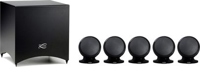 5.1 kompakt højttalersæt Alcyone 3 mat sort, 1 kubisk subwoofer, 5 sfæriske højttalere på stander