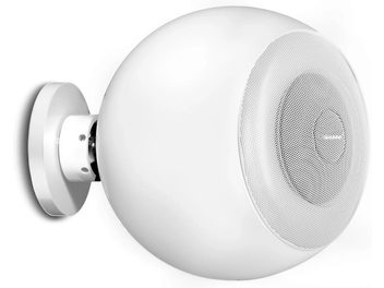 Enceinte hi-fi compacte Cabasse Riga 2 murale blanc mat en vue latérale, forme sphérique avec grille métallique circulaire