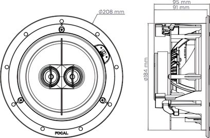 Stropní vestavný reproduktor Focal 100 IC6ST, technický náčrt s rozměry v pohledu zepředu a z boku