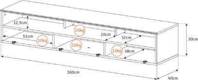 Schéma technique coté d'un meuble TV bas rectangulaire avec 3 compartiments ouverts et 1 tiroir, vu de face et de dessus