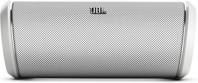 Draagbare JBL Flip 2 luidspreker in wit, vooraanzicht, geperforeerd metalen rooster, JBL-logo
