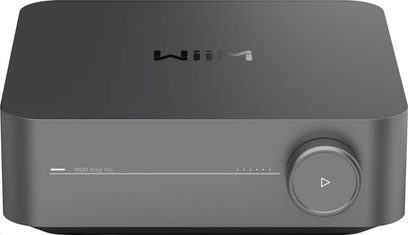 Amplificador hi-fi estéreo integrado WiiM Amp Pro cinza espacial com caixa retangular, botão circular à direita e logotipo na parte superior