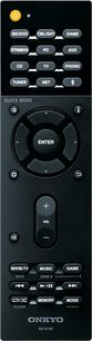 Sort Onkyo RC-911R fjernbetjening med knapper til at styre TX-NR575E hjemmebiografsforstærker, set forfra