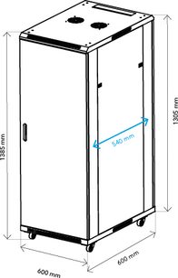Norstone Pro Rack 27U dataskap med frontdør, hjul, to sirkulære åpninger på toppen, angitte dimensjoner.