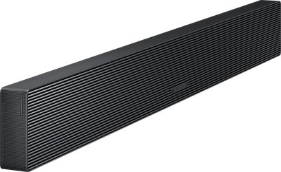 Soundbar Samsung HW-QS710F nera, griglia metallica a lamelle orizzontali, pulsanti frontali, vista tre quarti sinistra