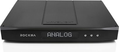 ROCKNA Wavelight sort stereforstærker, frontvisning, displayet viser "ANALOG", 3 LED'er er tændt, rektangulært mat sort kabinet