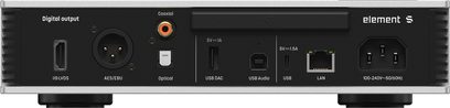 Reproductor de audio en red Matrix Audio Element S en aluminio plateado, panel trasero negro visto de frente, conectividad digital que incluye IIS‑LVDS HDMI, AES/EBU XLR, coaxial RCA naranja, TOSLINK óptico, USB‑A, USB‑B, USB‑C, LAN RJ45 y toma de corriente IEC