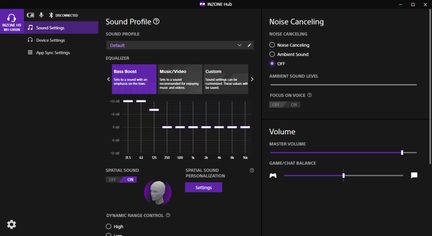 INZONE Hub software interface in black, graphic equalizer with purple sliders, noise cancellation and volume settings
