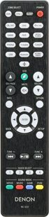 Sort Denon RC-1227 fjernbetjening med flerfarvet knapper og LCD-skærm, set forfra