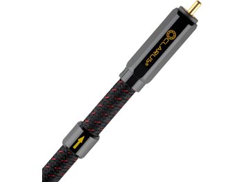 Digital coaxial cable with gold-plated RCA connector, black and red braided sleeve, black end with gold logo and yellow arrow
