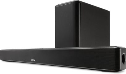 Soundbar Denon DHT-S514 nera, rettangolare, allungata, con griglia frontale e subwoofer abbinato