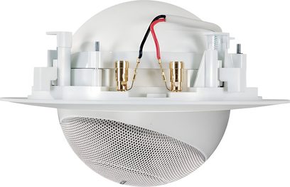 Enceinte encastrable au plafond Cabasse iO3 in ceiling blanc, vue de face, grille métallique circulaire, deux haut-parleurs dorés