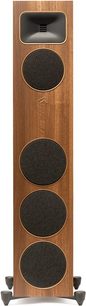 Sloupový reproduktor MartinLogan Foundation F2 v ořechovém provedení, 4 černé kruhové reproduktory na světlé dřevěné přední straně, pohled zepředu