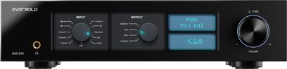 EverSolo DAC Z-10, černý kovový DAC, čelní pohled, 2 modré displeje, 6,35mm sluchátkový jack, přepínače, ovládací kolečko hlasitosti