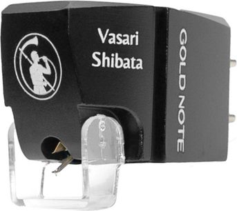 Sort kassettesystem til hi-fi pladespiller med hvidt cirkulært logo, teksten Vasari Shibata, gennemsigtig holder og synlig nål